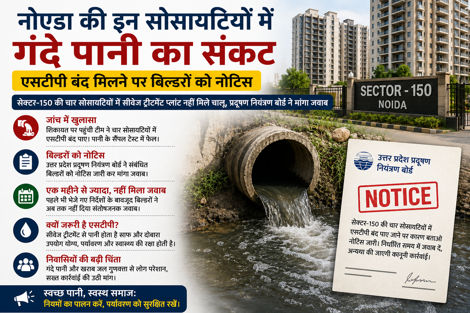 नोएडा की इन सोसायटियों में गंदे पानी का संकट, एसटीपी बंद मिलने पर बिल्डरों को नोटिस